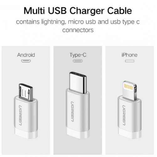 Ugreen USB 2.0 A/M to Micro B + Lighting + USB-C 3 in 1 MFI Cable 1M - White