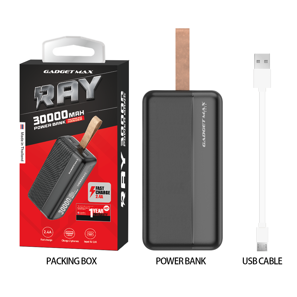 GADGET MAX 30000mAh RAY HANGER 2.4A POWER BANK(5V/2.1A) (OUTPUT-2USB/INPUT-MICRO/TYPE-C), 30000mAh Power Bank, 2.4A Power Bank, Power Bank for All