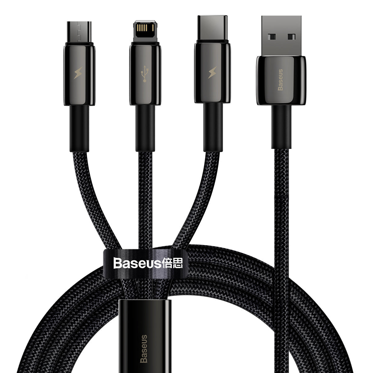 Baseus Tungsten Gold One-for-three Fast Charging Data Cable USB to M+L+C 3.5A 1.5m Black