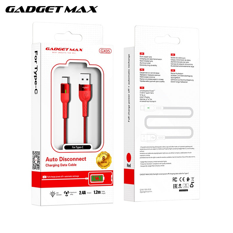 GADGET MAX GX05 TYPE-C 2.4A AUTO DISCONNECT DATA CABLE FOR TYPE-C (2.4A)(1.2M) - BLACK