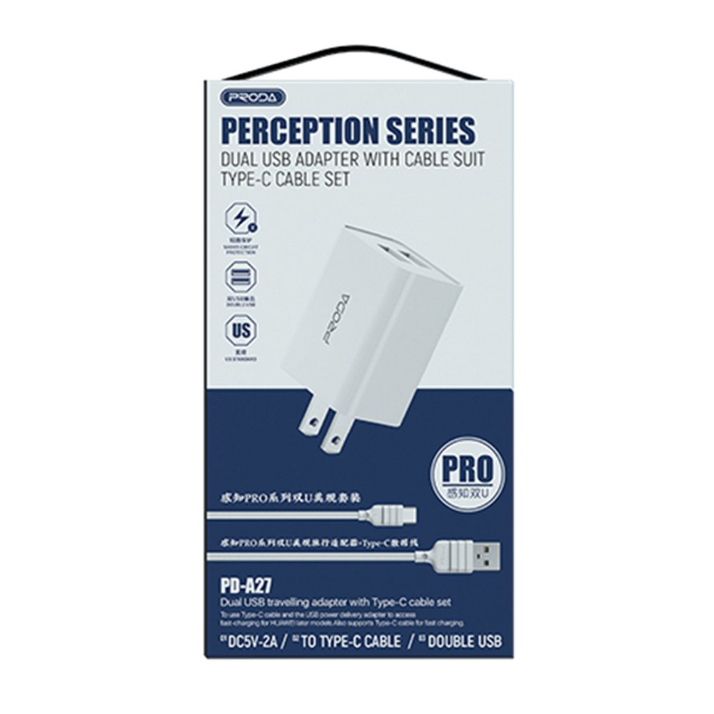 PRODA 2USB CHARGER PD-A27 Micro PERCEPTION PRO SERIES US - White