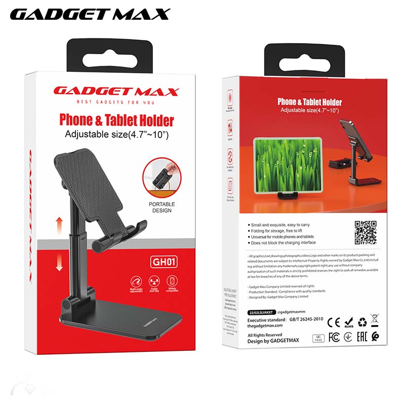 GADGET MAX GH01 PHONE & TABLET HOLDER ADJUSTABLE SIZE (4.7"-10") - BLACK