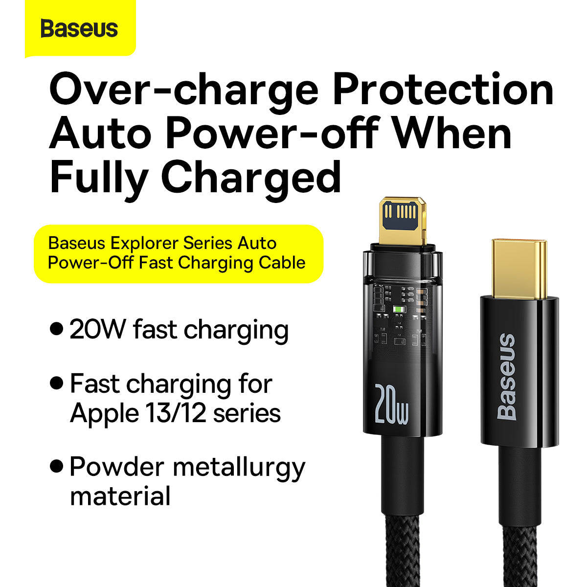 BASEUS EXPLORER SERIES AUTO POWER-OFF FAST CHARGING DATA CABLE TYPE-C TO IPH (20W)(2M) - Black