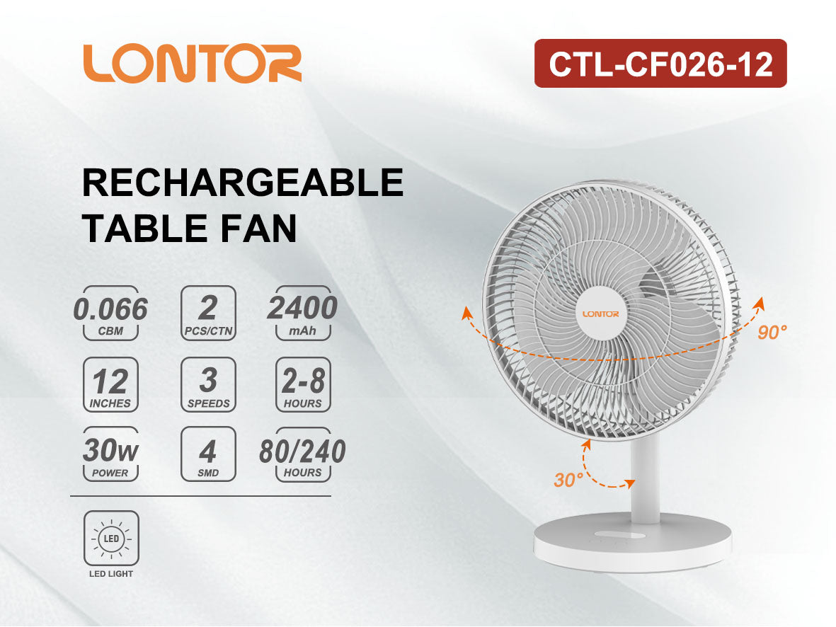 T PRO CTL-CF026-12 LONTOR 12INCHES RECHARGEABLE PROTABLE FAN (3 SPEEDS/22 W/4 LED), Cooling Fan, Table Fan