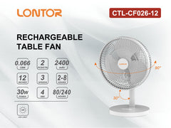 T PRO CTL-CF026-12 LONTOR 12INCHES RECHARGEABLE PROTABLE FAN (3 SPEEDS/22 W/4 LED), Cooling Fan, Table Fan