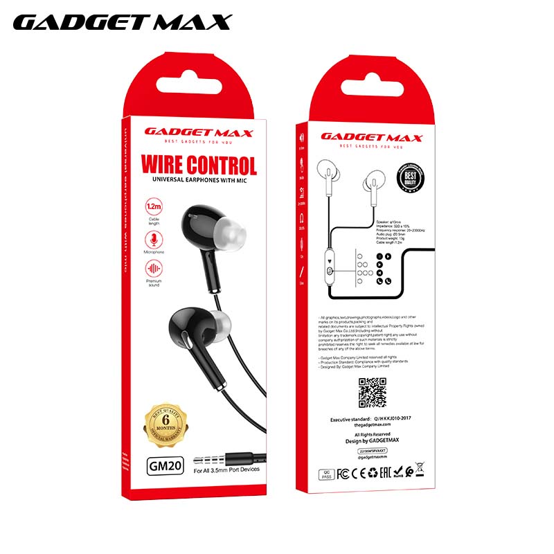 GADGET MAX GM20  3.5MM EARPHONE CONTROL UNIVERSAL EARPHONES WITH MIC (1.2M) - BLACK