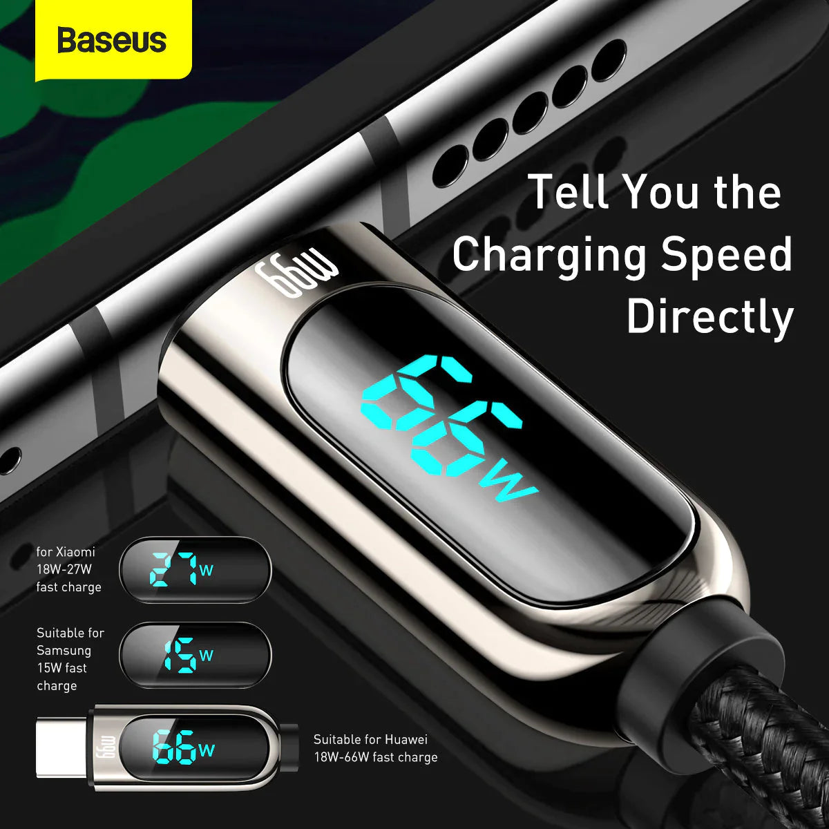 Baseus LED Digital Display USB to Type-C Charger Cable Fast Charging Data  Cord