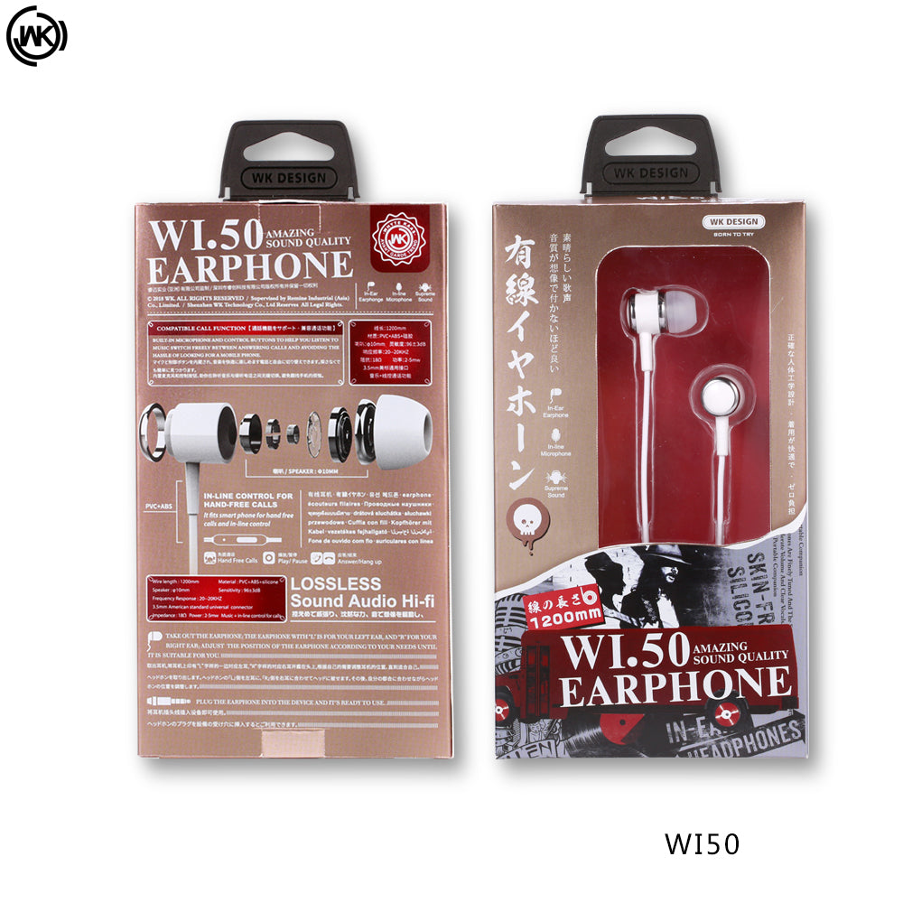 WK WI50 Earphone Wired Earphone Best, wired earphone with mic , Hifi Stereo Sound Wired Headset , sport wired earphone , 3.5mm jack wired earphone , 3.5mm headset for mobile phone , universal 3.5mm jack wired earphone