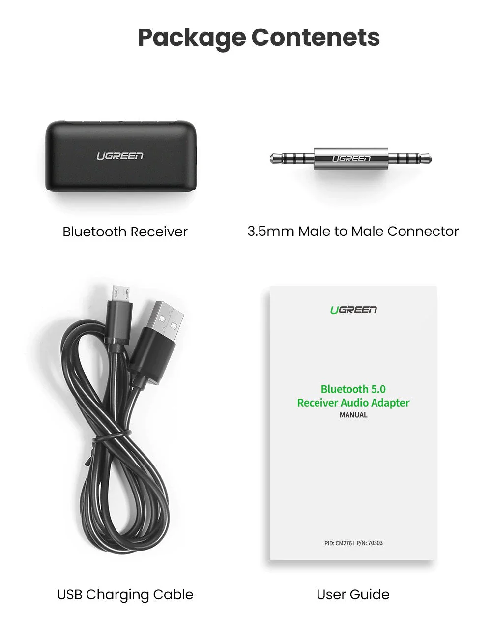 Ugreen Bluetooth 5.0 Transmitter 2 in 1 Car Bluetooth Aux Receiver