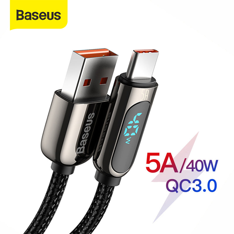 BASEUS DISPLAY FAST CHARGING DATA CABLE USB TO TYPE-C (5A) (1M) - Black