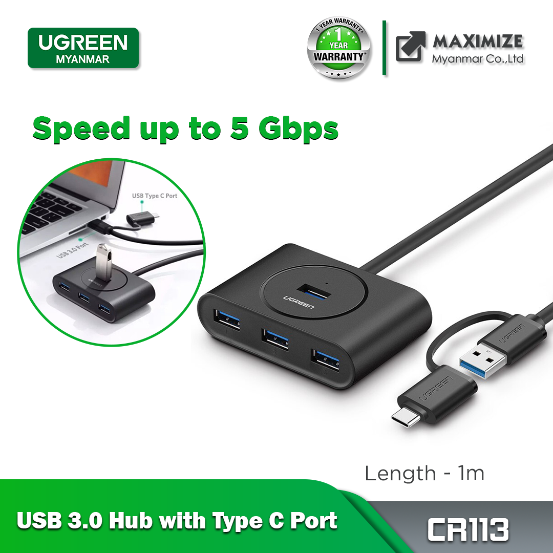 UGREEN C113 4Ports USB 3.0 Hub With Type-C OTG Adapter Converter