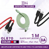 ZMI GL870 USB-C TO LIGHINING MFI CERTIFIED SILICA GEL CABLE (3A)1M, ZMI C to Lightning liquid silicone data cable, PD20W fast charge for iPhone13/12/11Pro/Xs/XR mobile phone charger flash charging line GL870, MFi Cable, Lighting Cable, iPhone Cable