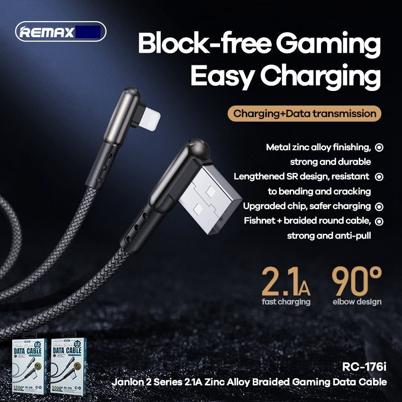 REMAX RC-176I JANLON 2 SERIES ZINC ALLOY BRAIDED GAMING DATA CABLE FOR IPH (1M) (2.1A) ,iPhone Lightning charging cable ,Best lightning cable for iPhone,Apple iPhone Cable,iPhone USB Cable,Apple Lightning to USB Cable