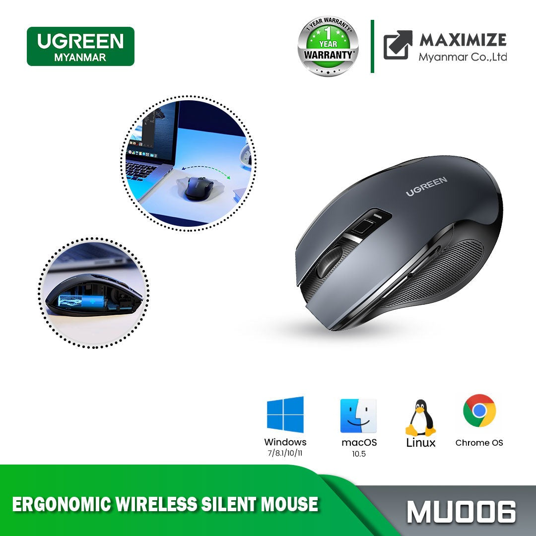 UGREEN MU006 ERGONOMIC WIRELESS MOUSE 2.4G 4000DPI SILENCE DESIGN, Wireless Mouse