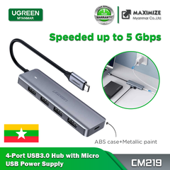 UGREEN CM219 4-Port USB-C Hub 3.0 Ultra Slim High-Speed USB Splitter Portable Extension Data Hub Compatible for Mouse, Keyboard, Surface Pro, XPS, PS4, Xbox One, Flash Drive, HDD and More, Grey/16CM