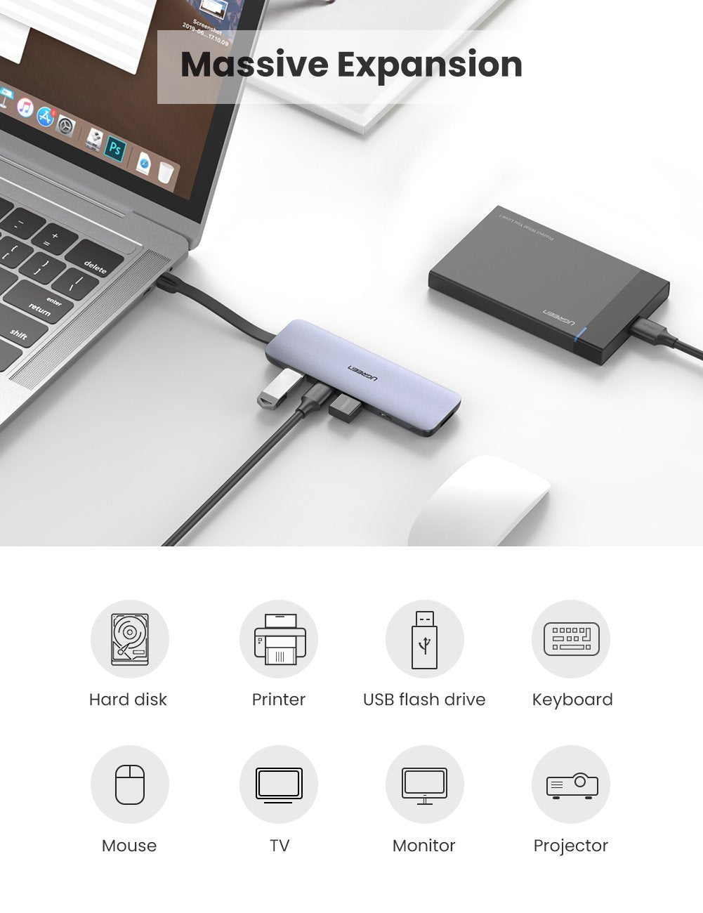 UGREEN CM285 USB-C 5 in 1 Multifunction Adapter available with up to 3 ports including USB 3.0 / USB-C / HDMI