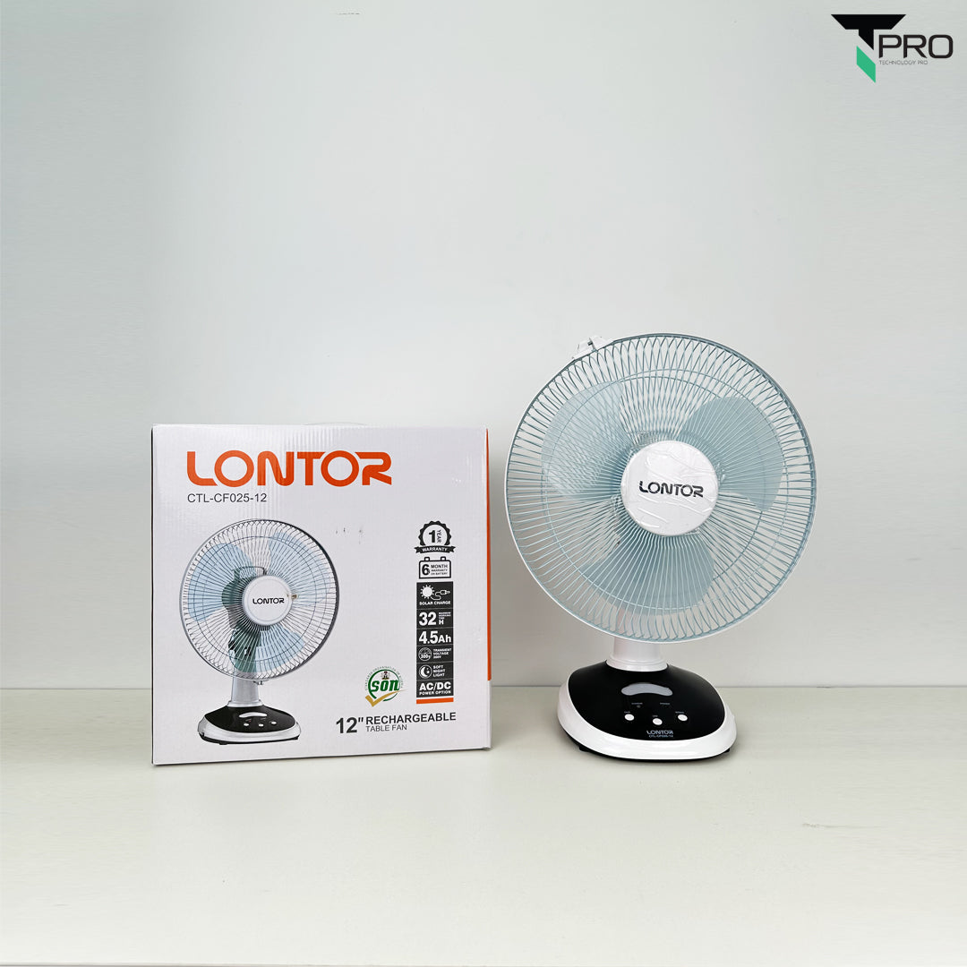 T PRO CTL-CF025-12 12" LONTOR RECHARGEABLE TABLE FAN WITH SOLA CHARGE