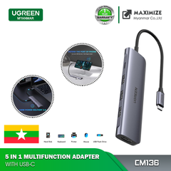 UGREEN CM136 5 in 1 USB TYPE-C TO HDMI+USB 3.0*3+PD POWER CONVERTER, 5 in 1 Hub, Type-C to HDMI
