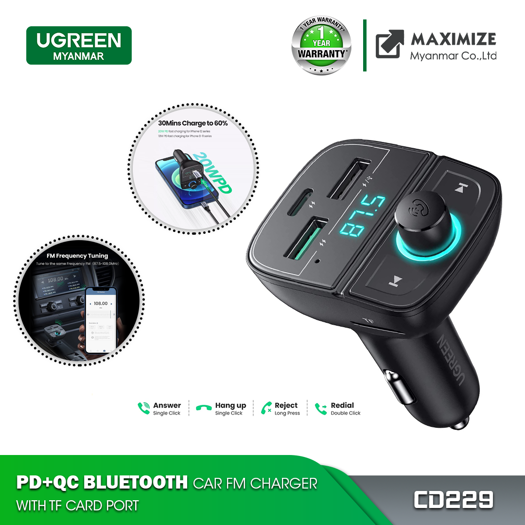 UGREEN CD229 PD+QC BLUETOOTH CAR CHARGER (5.0+PD+QC 3.0+USB FLASH DRIVE +TF), Bluetooth Car Charger, PD+QC Car Charger