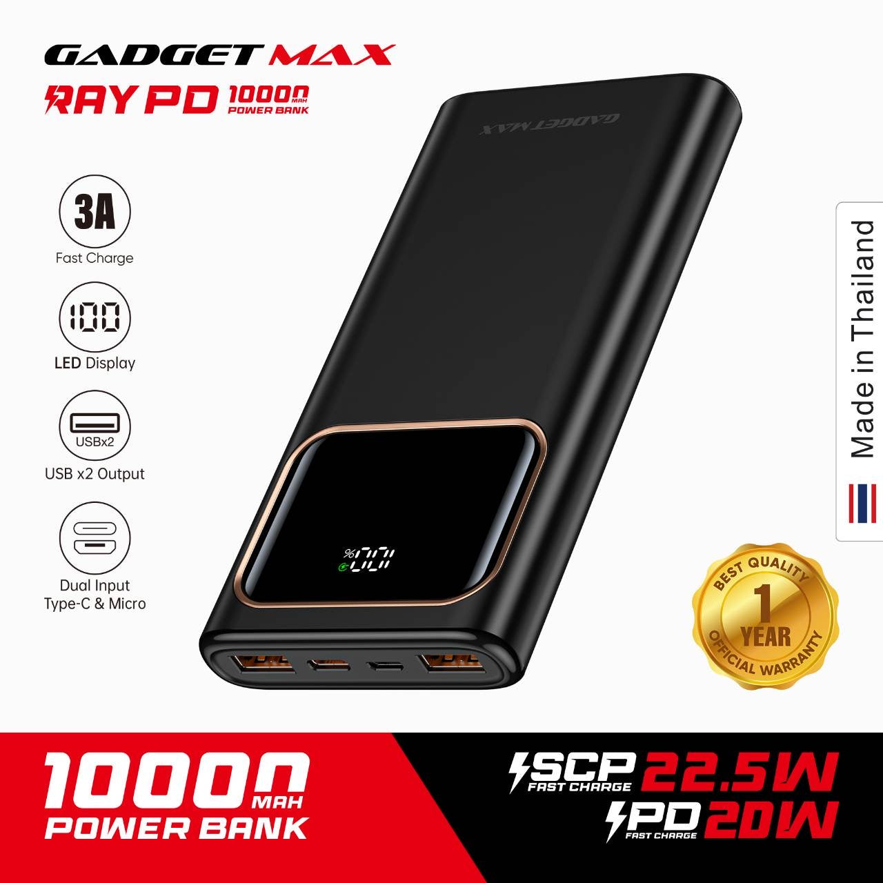 GADGET MAX 10000MAH 22.5W RAY PD POWER BANK (5V/3A)(OUTPUT-TYPE-C/A1/A2)(INPUT-MICRO/TYPE-C)