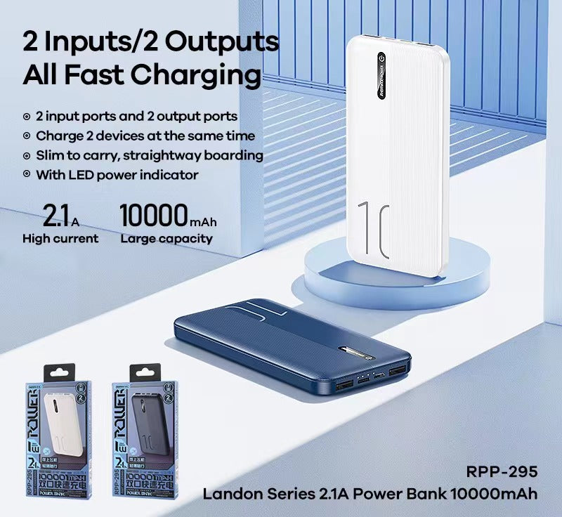 REMAX RPP-295 10000mAh LANDON SERIES 2.1A POWER BANK (OUTPUT-2USB) (INPUT-MICRO/TYPE-C), 10000mAh Power Bank, All in One Power Bank, Power Bank for Android