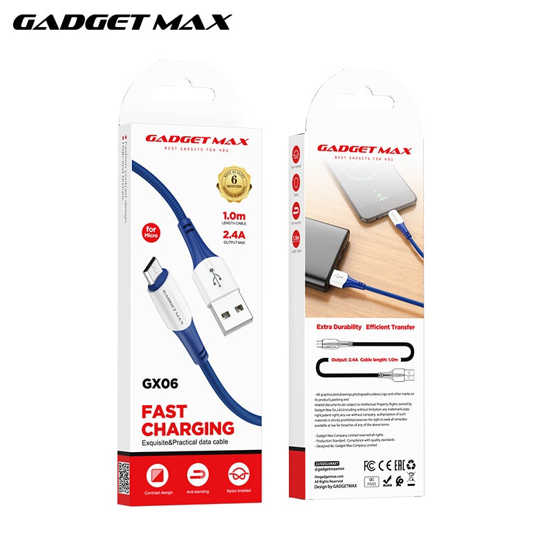 GADGET MAX GX06 MICRO 2.4A FAST CHARGING EXQUISITE & PRACTICAL DATA CABLE FOR MICRO (2.4A)(1M), Micro Cable, Charging Cable, Data Cable
