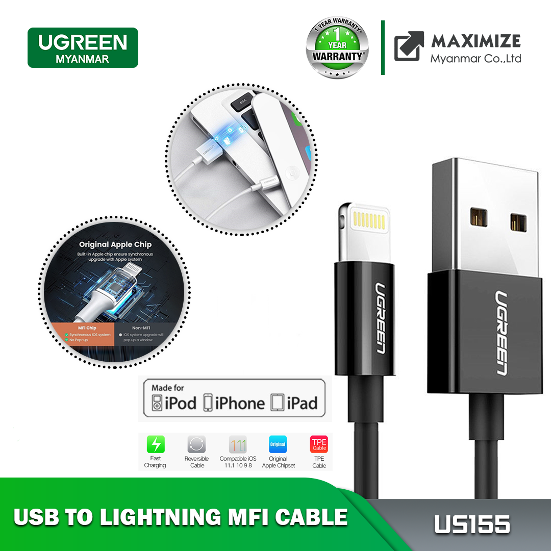 Ugreen US155 USB 2.0A Male to Lighting Male Nickel Plating Abs Shell MFI Cable 2M - Black