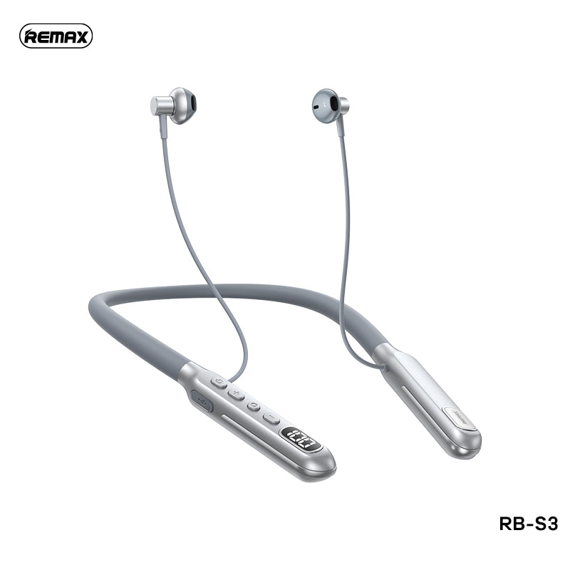 REMAX RB-S3 (NEW) HIGH-CAPACITY WIRELESS NECKBAND SPORTS EARPHONES WITH DIGITAL DISPLAY - Silver