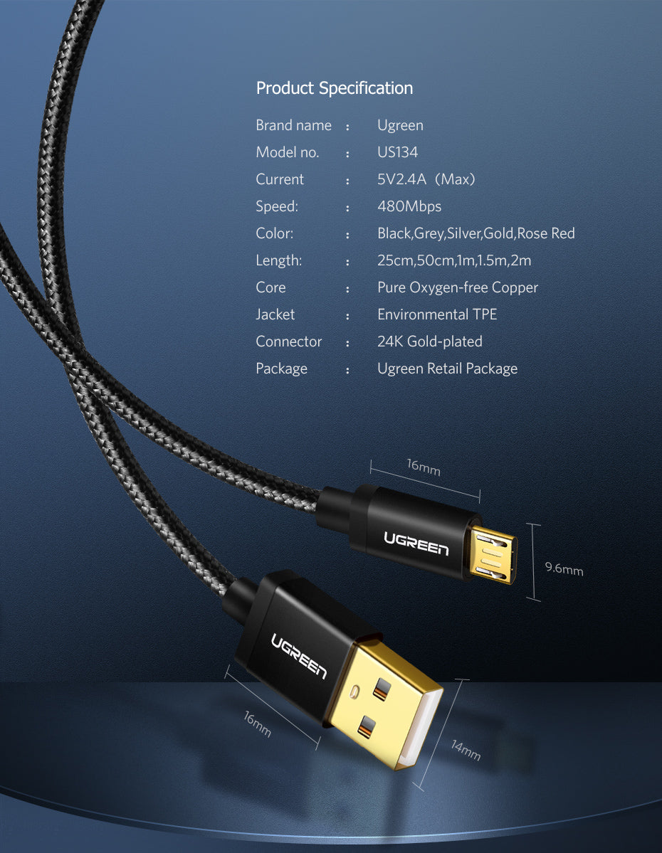 UGREEN OFFICIAL MICRO USB 2.0 CABLE (GOLD PLATE) 1M