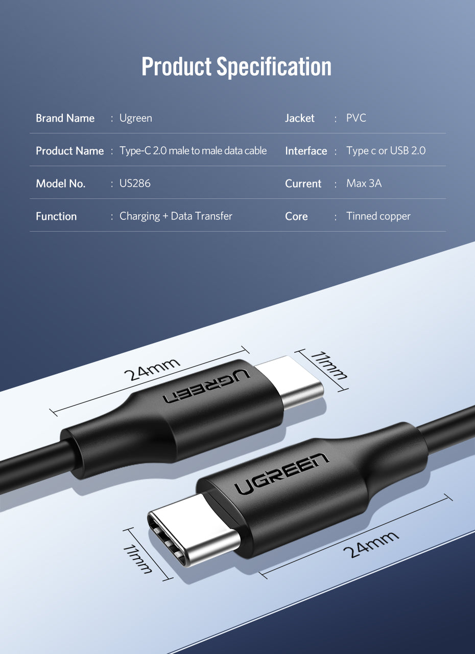 UGREEN OFFICIAL 60W USB C to USB Type-C Cable PD QC 4.0 Fast Charge Data Cable,C TO C  Data Cable ,Type C to Type C Fast Charging Cable , USB C Cable , PD Cable , PD Port , C to C Cable Samsung , Xiaomi , Apple , Huawei