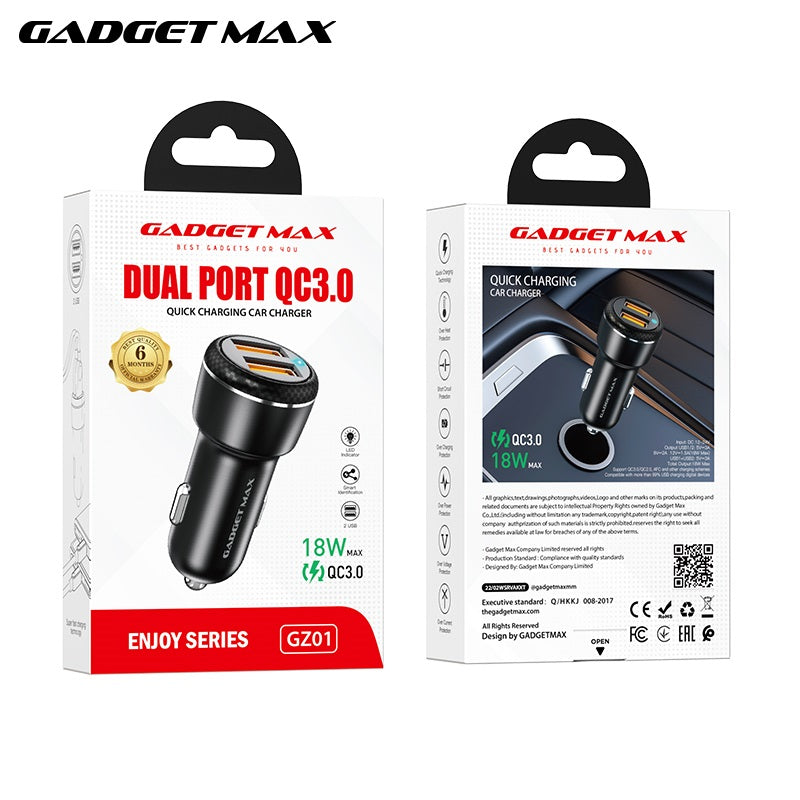 GADGET MAX GZ01 ENJOY SERIES 18W QC 3.0 DUAL PORT QUICK CHARGING CAR CHARGER (2USB)