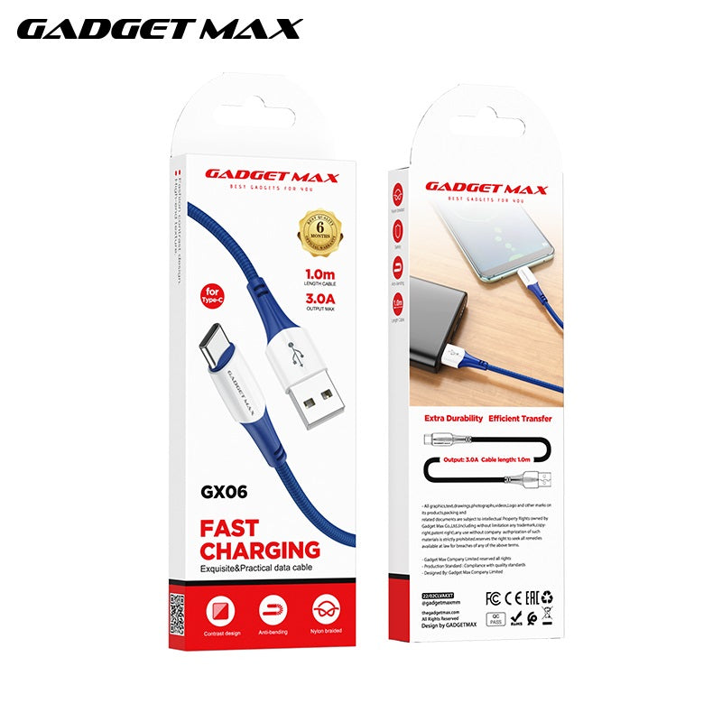 GADGET MAX GX06 TYPE-C  2.4A FAST CHARGING EXQUISITE & PRACTICAL DATA CABLE FOR TYPE-C (2.4A)(1M) - BLUE
