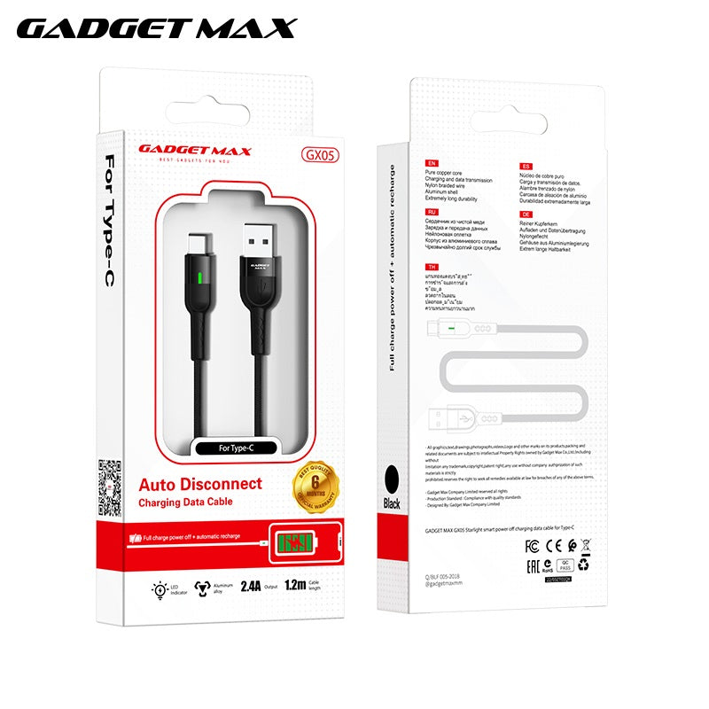 GADGET MAX GX05 TYPE-C 2.4A AUTO DISCONNECT DATA CABLE FOR TYPE-C (2.4A)(1.2M), Type-C Cable, Auto-Disconnected Cable