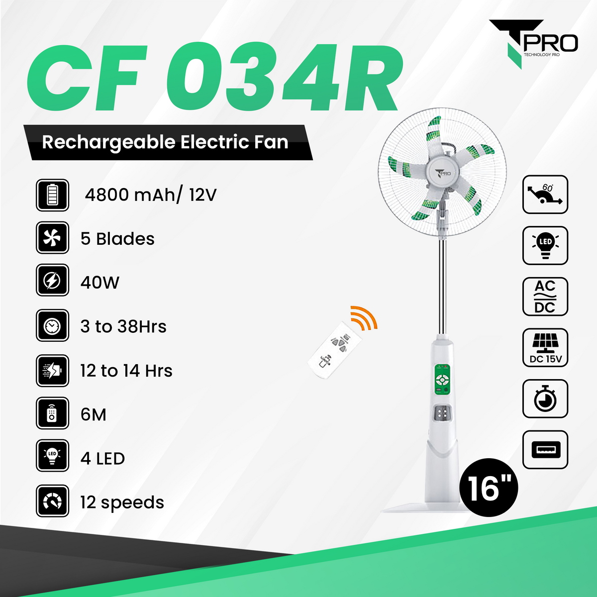 T PRO CTL-CF034R-16C 16" LONTOR RECHARGEABLE STANDING FAN WITH SOLAR CHARGE