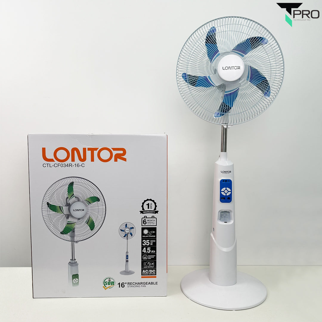 T PRO CTL-CF034R-16C 16" LONTOR RECHARGEABLE STANDING FAN WITH SOLAR CHARGE