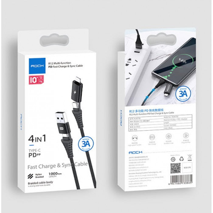 ROCK R12 MULTI-FUNCTION 4 IN 1 TYPE-C PD 3A FAST CHARGE & SYNC NYLON BRAIDED CABLE FOR SAMSUNG / APPLE / HUAWEI / XIAOMI / OPPO / VIVO,4 in 1 Cable, Type C to Lightning, Type C to Type C, USB to Lightning , USB to Type C , IPhone Cable, Type c Cable