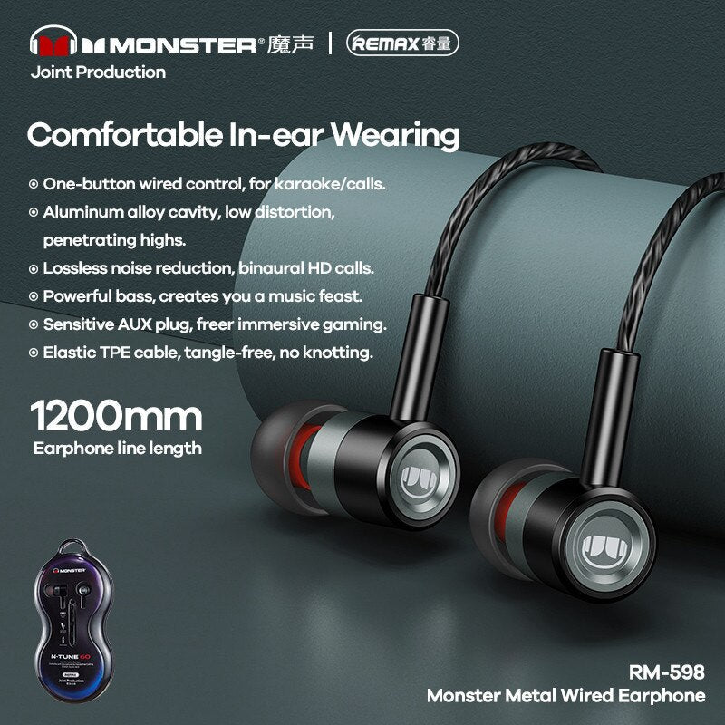REMAX RM-598 3.5MM Earphone MONSTER METAL, FOR MUSIC & CALL,Earphone , Wired Earphone , Best wired earphone with mic , Hifi Stereo Sound Wired Headset , sport wired earphone , 3.5mm jack wired earphone,3.5mm headset for mobile phone