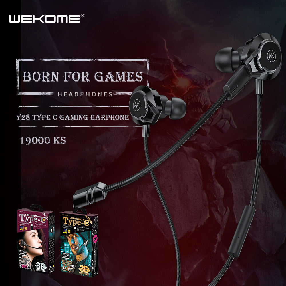 WK Y28 TYPE-C EARPHONE  FOR GAMES WITH, MICROPHONE Type C Gaming Earphone with mic  , USB C Stereo Headset ,  USB C Gaming headset, Type C Wired Headset for PUBG Gamer , Best Type C Gaming Earphone for PUBG