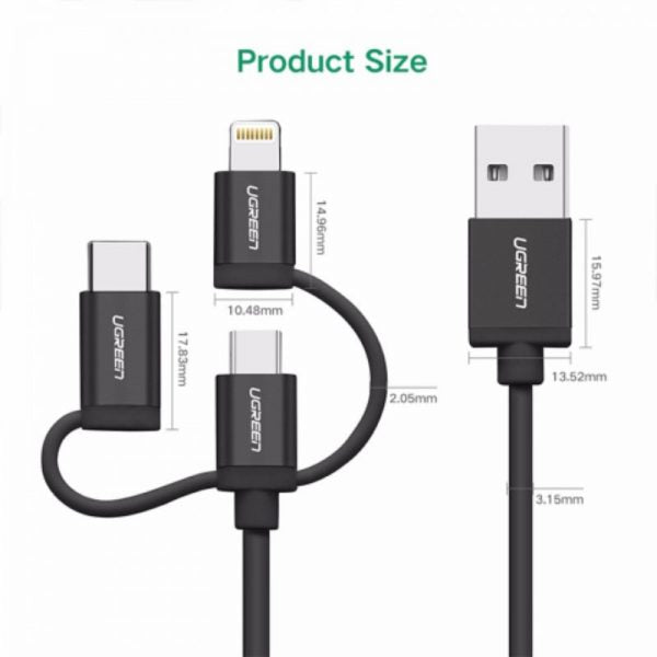 Ugreen USB 2.0 A/M to Micro B + Lighting + USB-C 3 in 1 MFI Cable 1M - Black