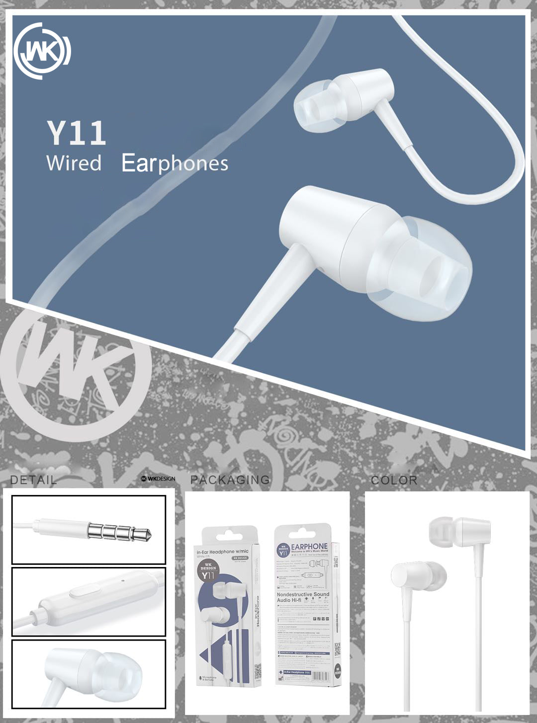 WK Y11 Earphone , Wired Earphone , Best wired earphone with mic , Hifi Stereo Sound Wired Headset , sport wired earphone , 3.5mm jack wired earphone , 3.5mm headset for mobile phone , universal 3.5mm jack wired earphone
