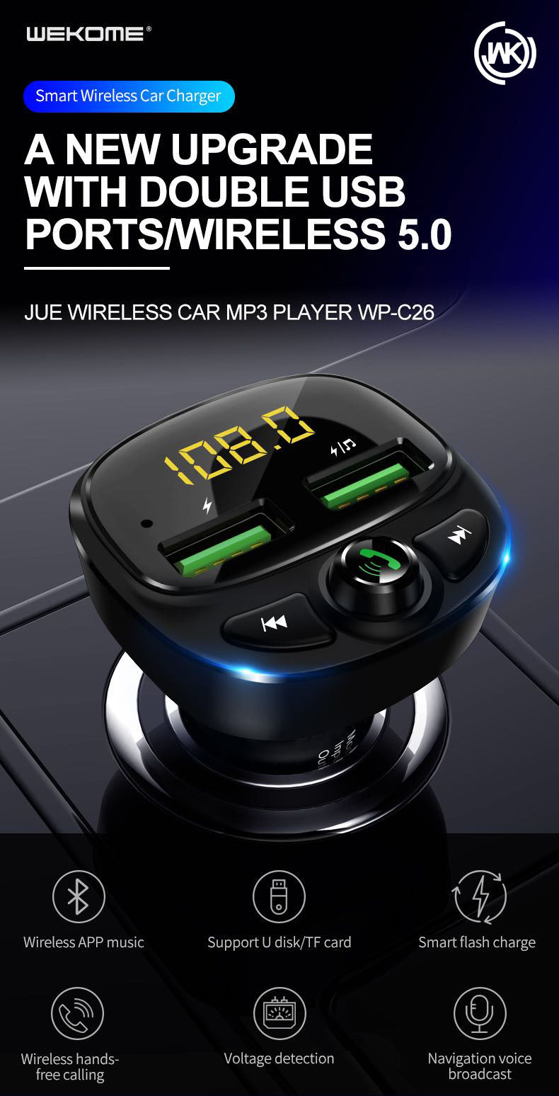 WEKOME JUE WIRELESS WP-C26 CAR MP3 PLAYER ,Car Charger , Car Charger Adapter , cell phone car charger , USB Car Charger , Fast Car Charger , Car charger for Micro , iPhone , Type C , Lightning  , Android Car Charger , Cigarette Lighter iPhone Car Charger