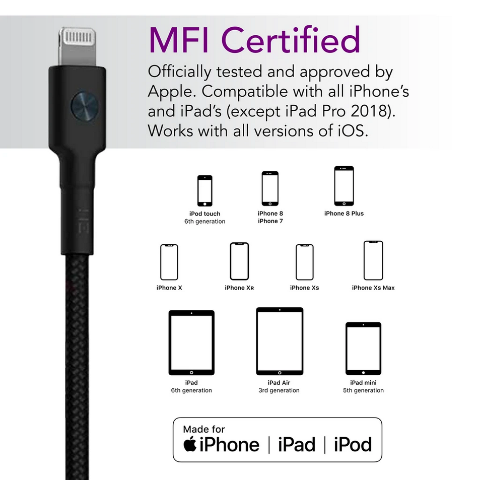 ZMI AL873K MFI PD FAST CHARGING 3A/18W I-PH8 AND ABOVE PD FAST, CHARGING USB-C TO LIGHTNING MFI CERTIFIED BRAIDE CABLE, iPhone Cable, MFI Cable