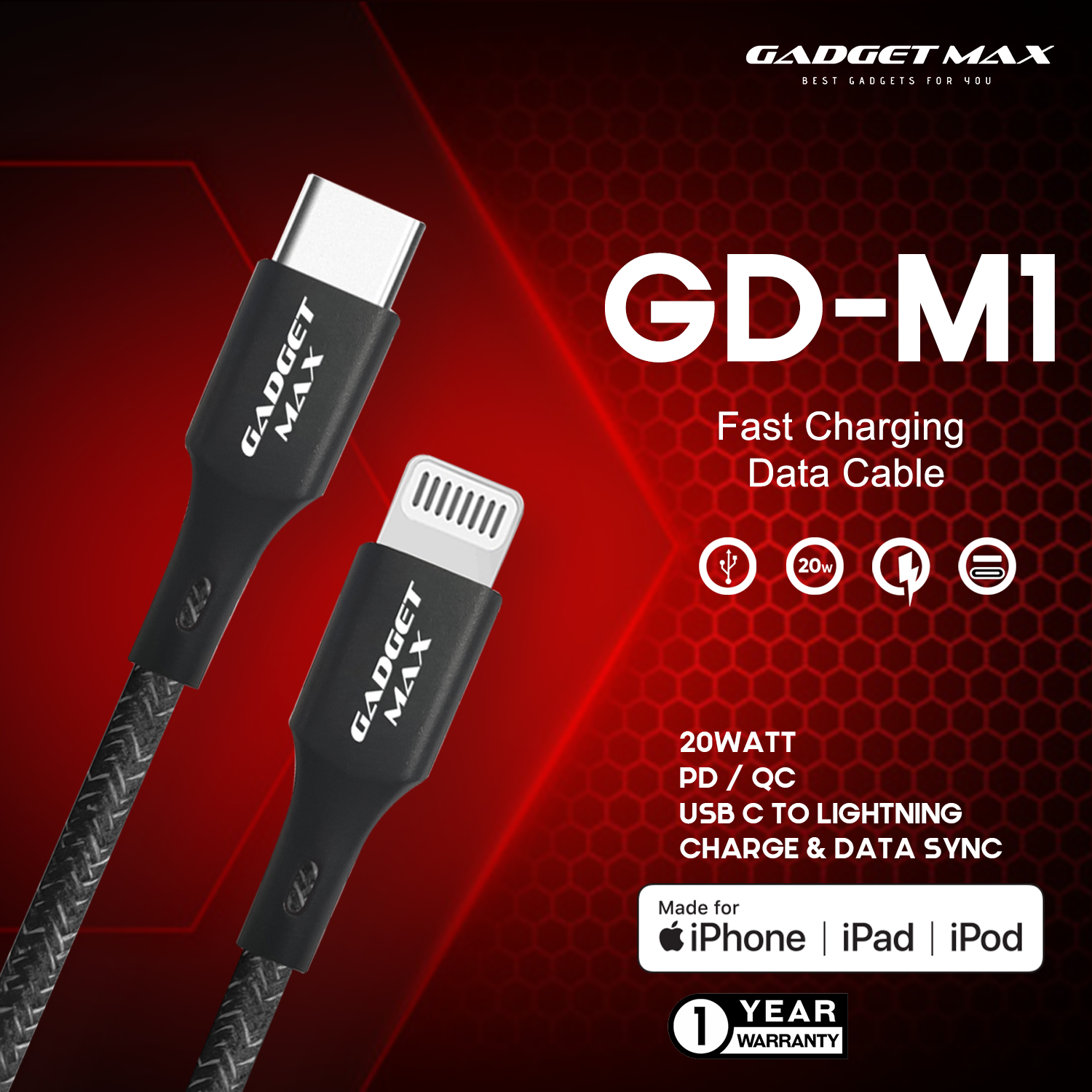 GADGET MAX USB-C TO LIGHTNING MFI FAST CHARGE & DATA SYNC CABLE GD-M1 PD/QC 20W(3A)(1200mm), MFI Cable, Lighting Cable, USB to Lighting Cable, iPhone Cable, Fast Charge