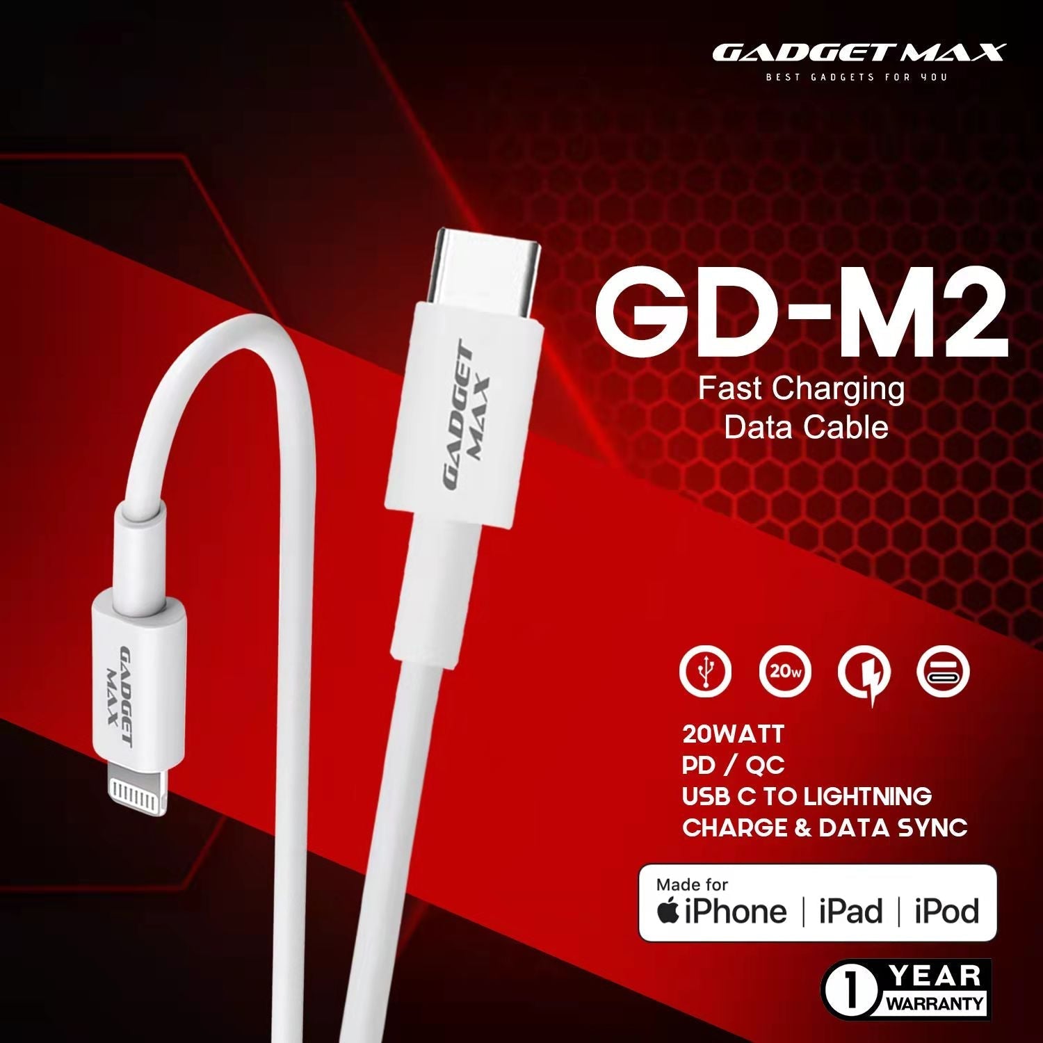 GADGET MAX M2 USB-C TO LIGHTNING MFI FAST CHARGE & DATA SYNC CABLE, PD/QC 20W(3A)(1200mm), MFI Cable, Lighting Cable, Fast Charge