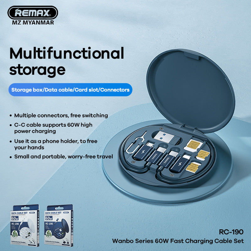 REMAX RC-190 WANBO SERIES 60W MUNTIFUNCTION DATA CABLE SET (USB TO TYPE C/USB TO IPH/TYPE C TO TYPE C/TYPE C TO IPH/TYPE C TO MICRO)(3A MAX)(29CM), 60W Data Cable Set