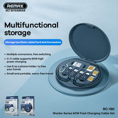 REMAX RC-190 WANBO SERIES 60W MUNTIFUNCTION DATA CABLE SET (USB TO TYPE C/USB TO IPH/TYPE C TO TYPE C/TYPE C TO IPH/TYPE C TO MICRO)(3A MAX)(29CM), 60W Data Cable Set