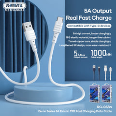REMAX RC-068A (5A) ZERON SERIES FAST CHARGING DATA CABLE FOR TYPE-C (1M), Type-C Cable, Fast Charge, Fast Charging Cable, Data Cable