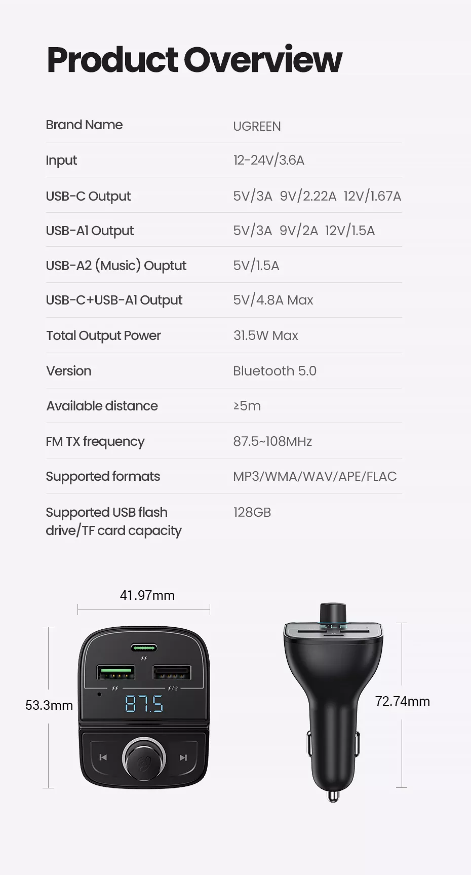 UGREEN CD229 PD+QC BLUETOOTH CAR CHARGER (5.0+PD+QC 3.0+USB FLASH DRIVE +TF), Bluetooth Car Charger, PD+QC Car Charger