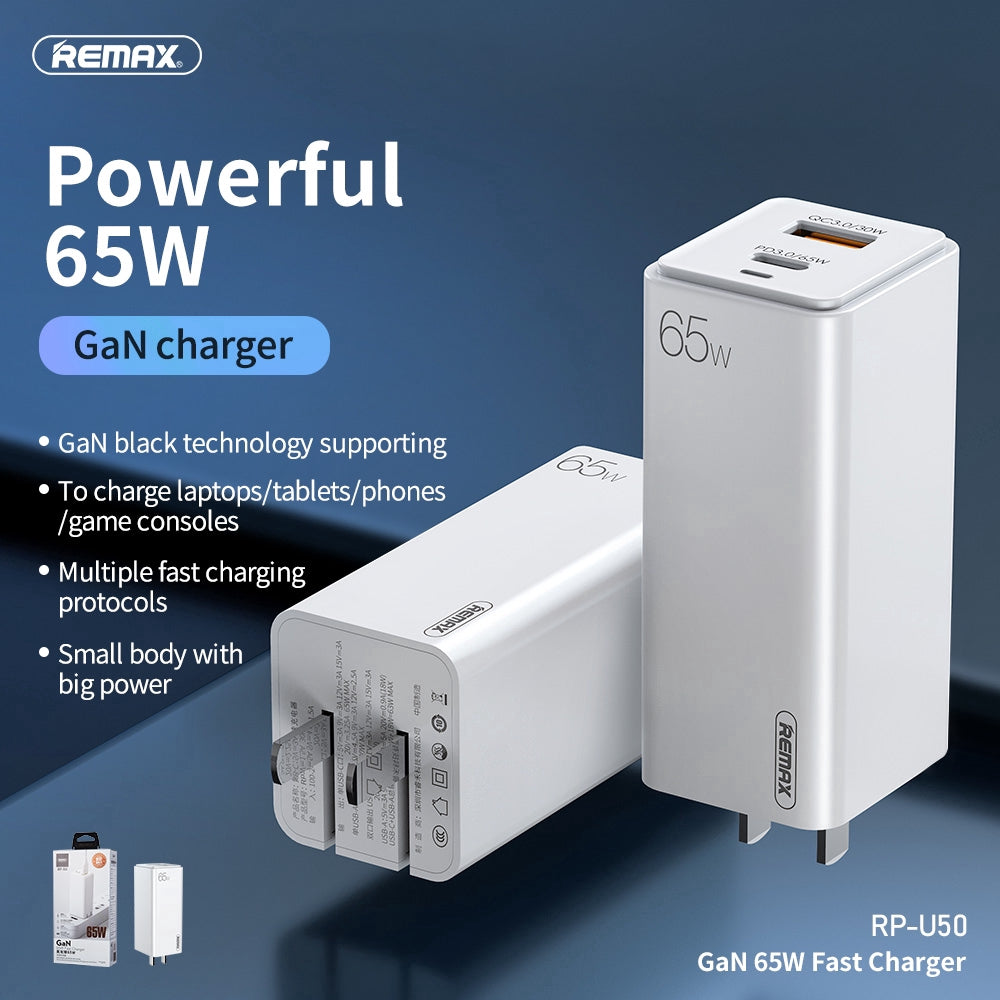 REMAX RP-U50 GAN 65W FAST CHARGER, GAN Charger, 65W Charger, Fast Charger, Travel Charger
