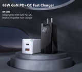 REMAX RP-U73 KINGS SERIES 65W GAN PD+QC MULTI COMPATIBLE FAST CHARGER ONLY (1USB/1 TYPE-C), 65W Charger, GAN Charger
